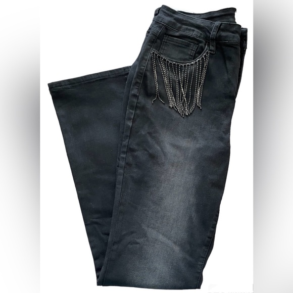 Black jeans with rhinestone fringe pockets NWT size 10 - Picture 2 of 12